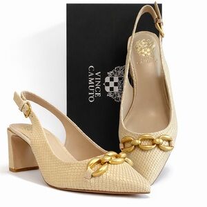 Vince Camuto • “Hamden” Slingback Heels Cream Gold Chain Block Heel | NIB